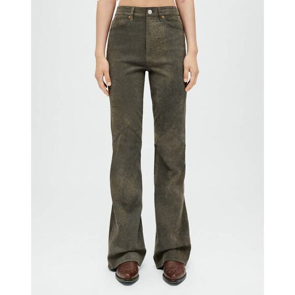 Re/Done 70s Lamb Leather Stretch Bootcut Seamed Leather Pants Olive Size 25 NWT - Picture 1 of 11